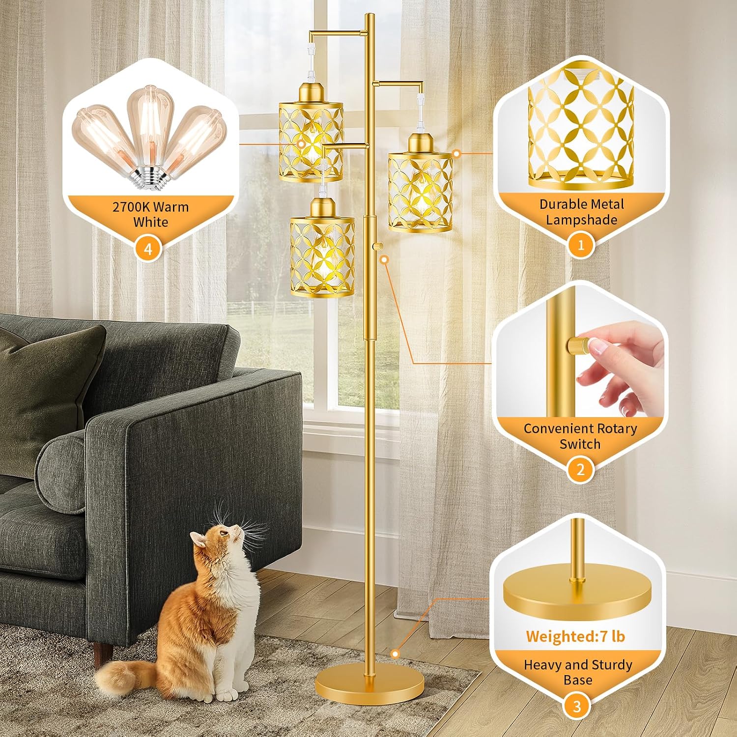 Dimmable Floor Lamp, Farmhouse Standing Lamp with Elegant Metal Cage, Industrial Tall Tree Floor Lamps for Living Room, Bedroom, Study…