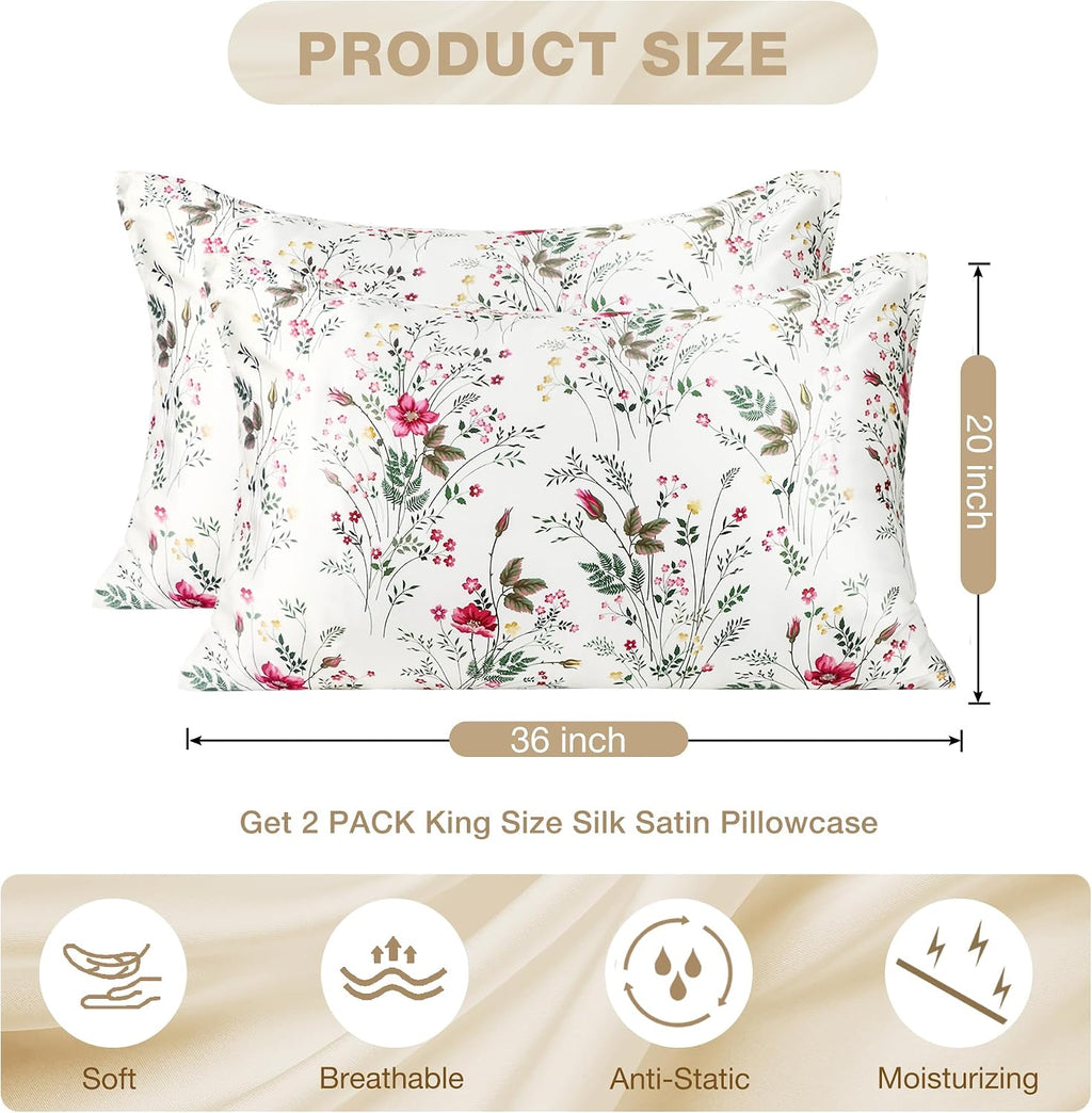 MANSPHIL Garden Floral Silk Pillow Cases 2 Pack King Size, Reversible Satin Pillowcase for Hair and Skin Envelope Closure, 22 Momme 6A…