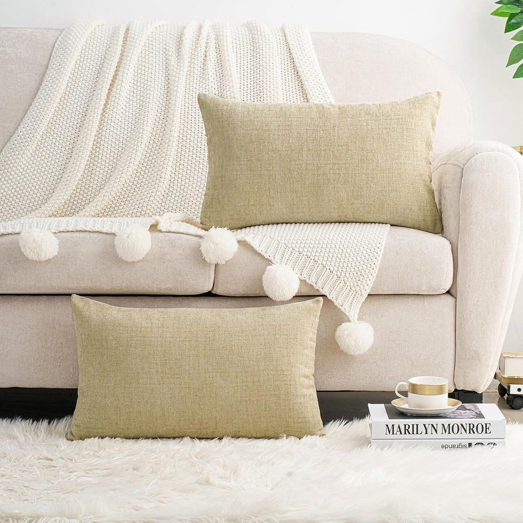 Hwy50 HWY 50 Beige Lumbar Pillow Covers 12x20 Inch Pack of 2, Soft Chenille Decorative Throw Pillow Covers Farmhouse for Couch Sofa Living…