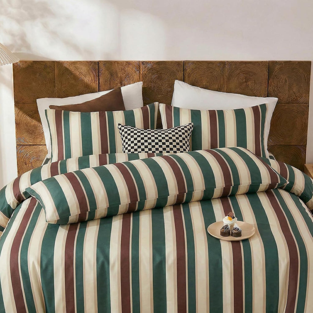 Merryword 100% Cotton Pillow Cases, Queen Size Pillowcases, Green Striped Pillowcases, Luxury Linen Like Pillowcase, Soft Breathable Cabana…