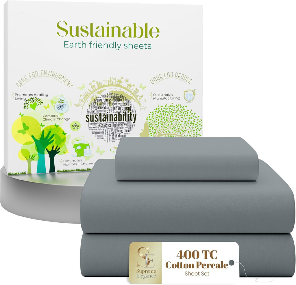 SupremeElegence SUPREME ELEGANCE 3 Pcs 100% Cotton Twin Sheets Set, Charcoal Gray, 400 Thread Count, Percale Weave, Cooling, Crisp Hotel St…