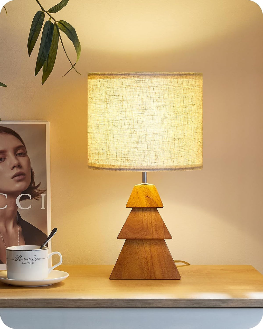 Wood Table Lamp, Wood Bedside Lamp with Tree-Shaped Base & Linen Lampshade, Modern Cute Desk Lamp for Living Room, Bedroom, E26 Base…