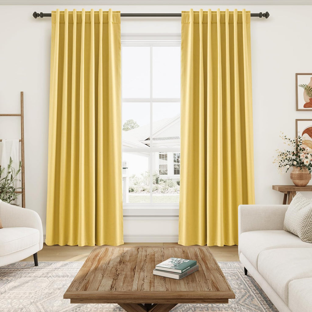 Nanspring Gold Yellow 100% Blackout Linen Curtains 96 Inches Long for Bedroom Back Tab Thermal Insulated Modern Farmhouse Decor Black Out C…