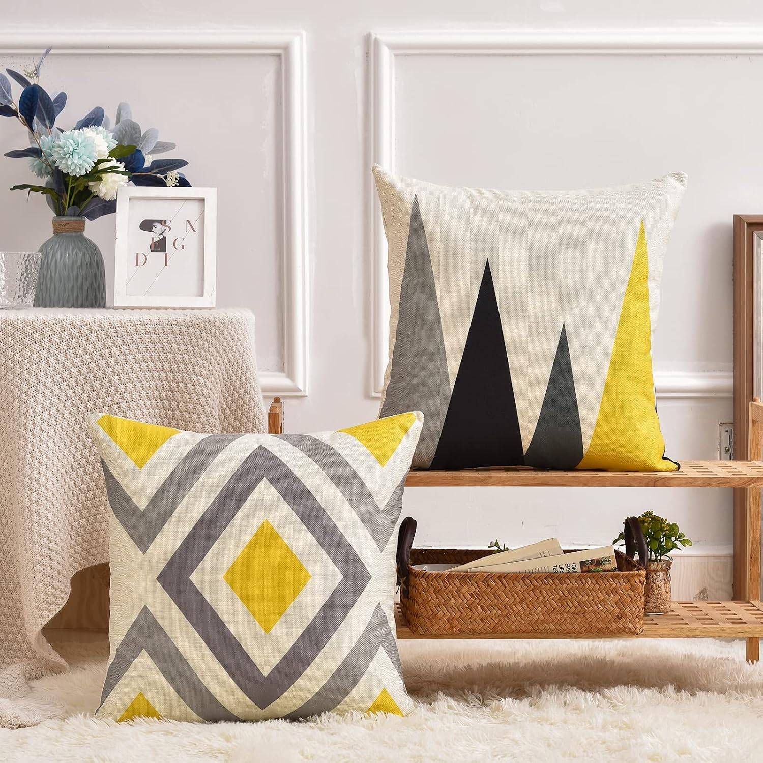 Tosewever Set of 4 Decorative Geometric Yellow Grey 18 x 18 Inches Throw Pillow Covers - Modern Pattern Linen Square Pillow Cushion Case fo…