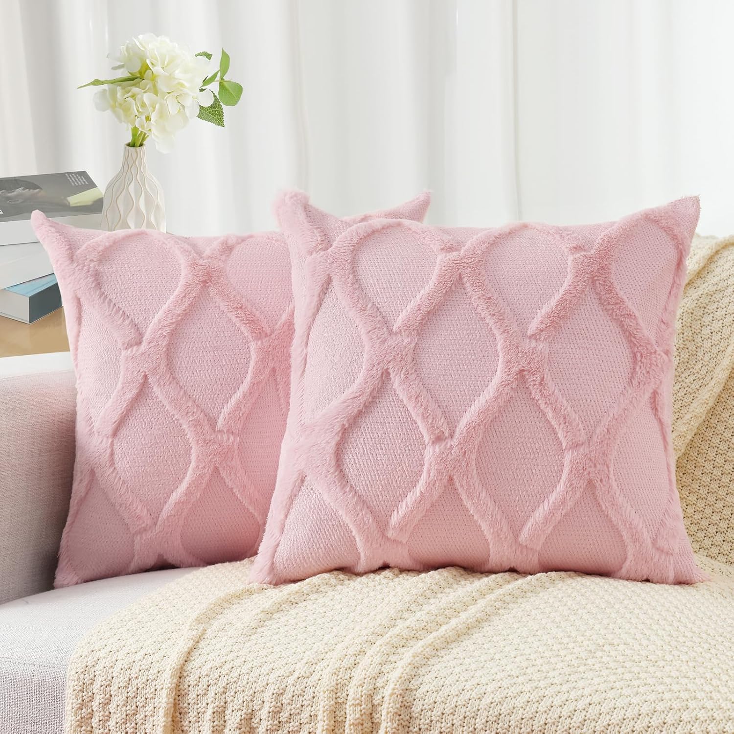 decorUhome Summer Throw Pillow Covers 18x18 Inch Set of 2, Soft Plush Faux Fur Wool Light Pink Accent Couch Pillow Covers for Modern Farmho…