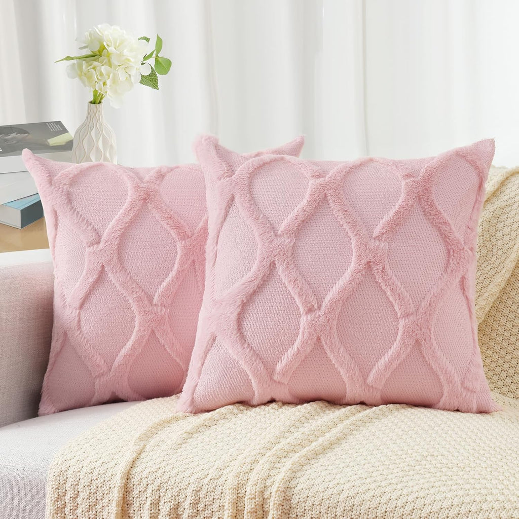 decorUhome Summer Euro Sham Throw Pillow Covers 24x24 Inch Set of 2, Soft Plush Faux Fur Wool Light Pink Accent Couch Pillow Covers for Mod…