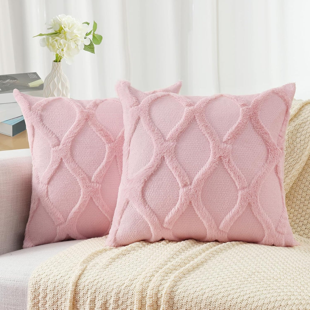 decorUhome Summer Euro Sham Throw Pillow Covers 26x26 Inch Set of 2, Soft Plush Faux Fur Wool Light Pink Accent Couch Pillow Covers for Mod…