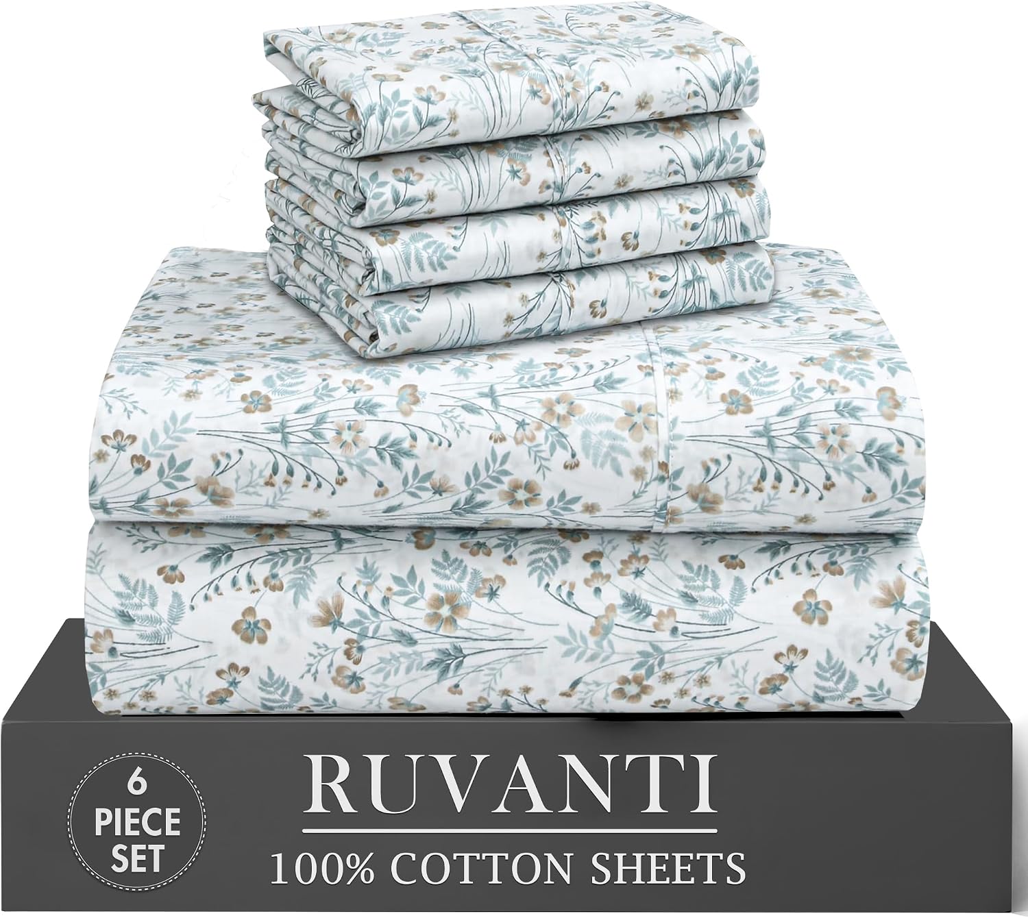 Ruvanti 100% Cotton Percale Sheets Full Size 6 Piece Set, Cooling Bed Sheets for Hot Sleepers, Deep Pocket 16”, Breathable Lightweight & Du…