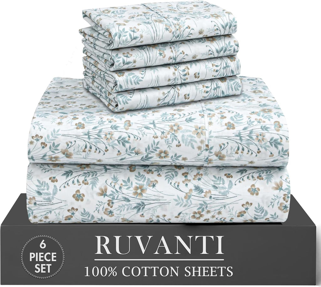 Ruvanti 100% Cotton Percale Sheets California King Size 6 Piece Set, Cooling Bed Sheets for Hot Sleepers, Deep Pocket 14”, Breathable Light…