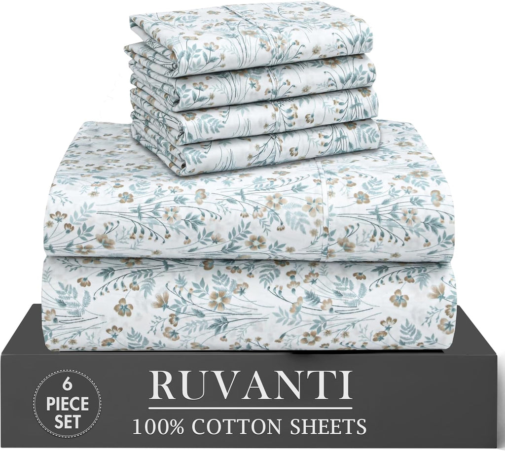Ruvanti 100% Cotton Percale Sheets King Size 6 Piece Set, Cooling Bed Sheets for Hot Sleepers, Deep Pocket 16”, Breathable Lightweight & Du…