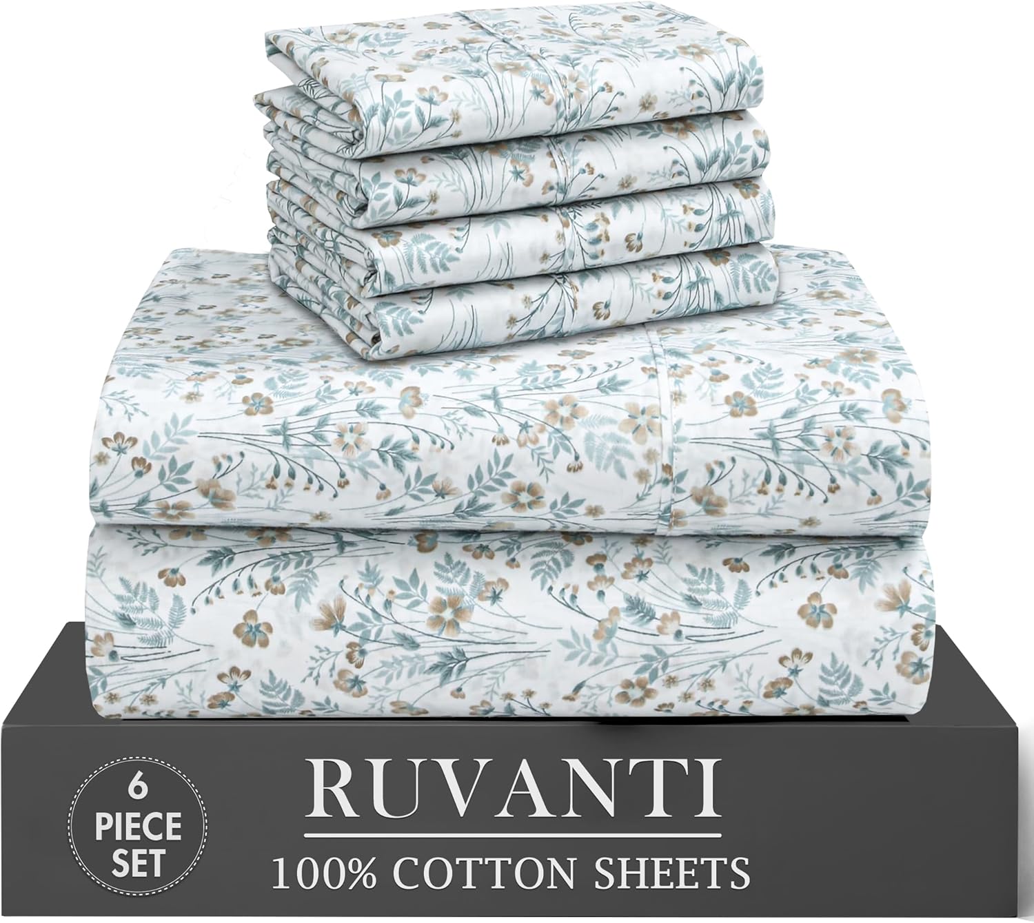 Ruvanti 100% Cotton Percale Sheets King Size 6 Piece Set, Cooling Bed Sheets for Hot Sleepers, Deep Pocket 16”, Breathable Lightweight & Du…