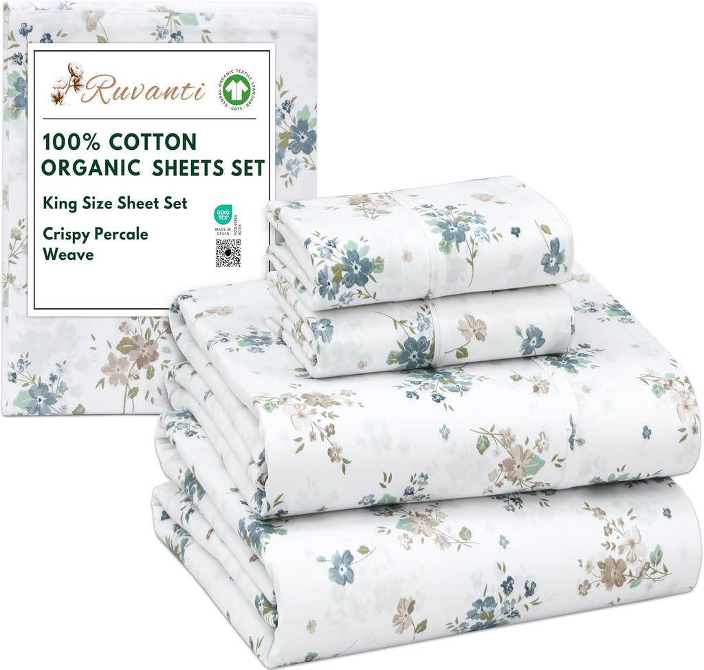 Ruvanti 100% Cotton Organic Percale Sheets King Size – Crisp Cooling Bed Sheets for Hot Sleepers, Deep Pocket 15”, Soft Peach Finish, Breat…