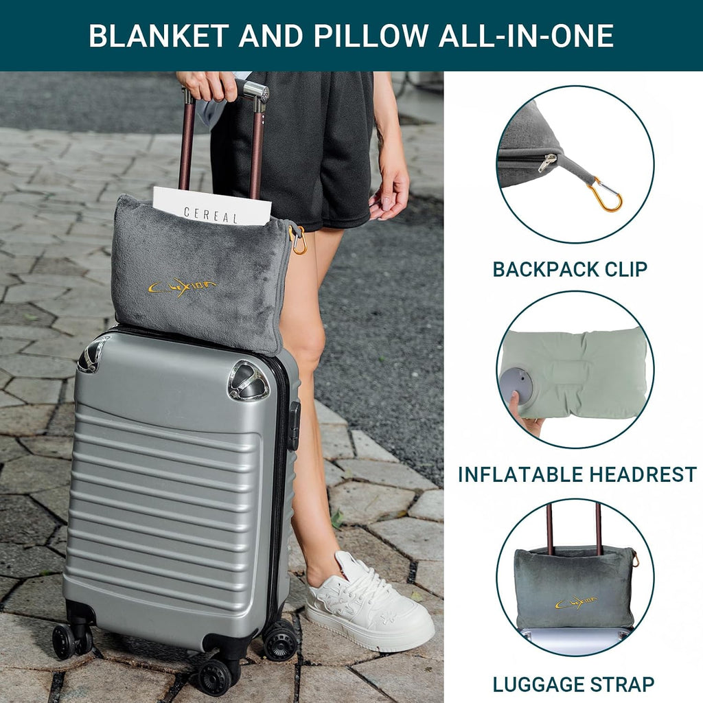 Travel Blanket and Pillow Set for Airplane, 300 GSM Soft Fleece Compact Travel Blanket with Inflatable Pillow and Carry Bag, 60x43…
