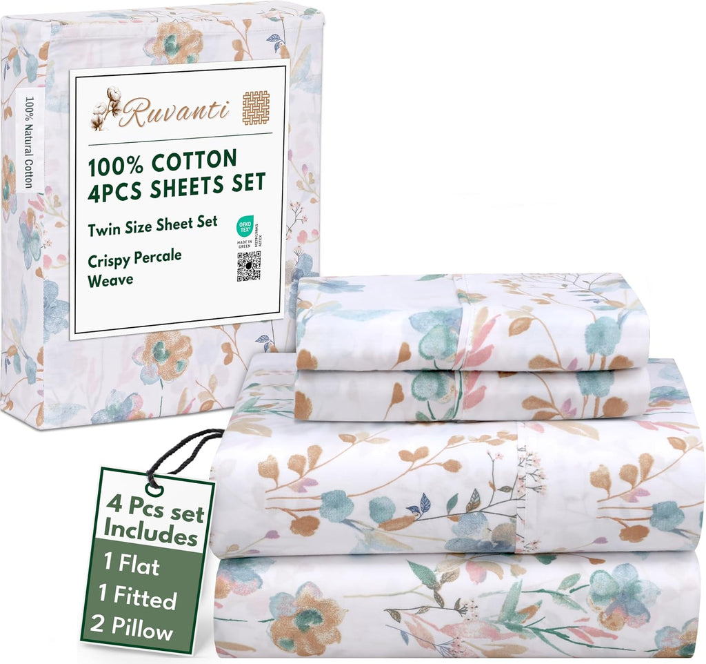 Ruvanti 100% Cotton Percale Sheets Twin Size 4 Piece Set, Cooling Bed Sheets for Hot Sleepers, Deep Pocket 16”, Breathable Lightweight & Du…
