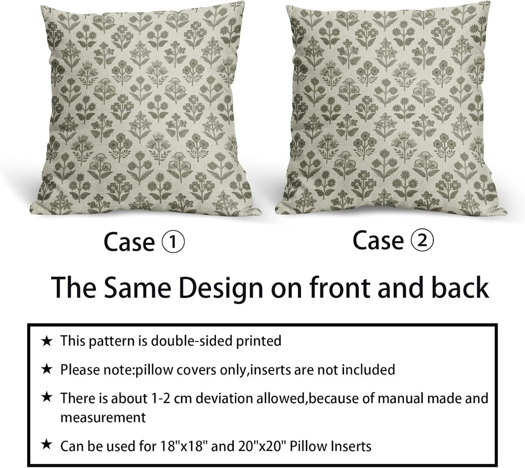 Olive Green Floral Pillow Covers 24x24 Inch Set of 2, Vintage Flower Block Print Pattern Decorative Throw Pillowcases Outdoor Farmhouse…