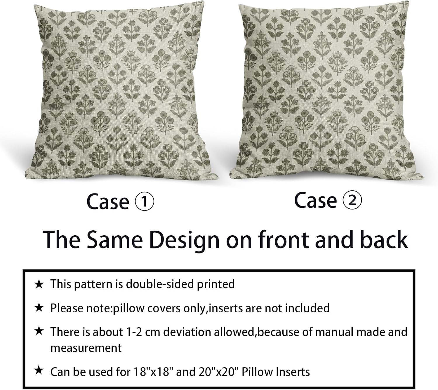 Olive Green Floral Pillow Covers 24x24 Inch Set of 2, Vintage Flower Block Print Pattern Decorative Throw Pillowcases Outdoor Farmhouse…