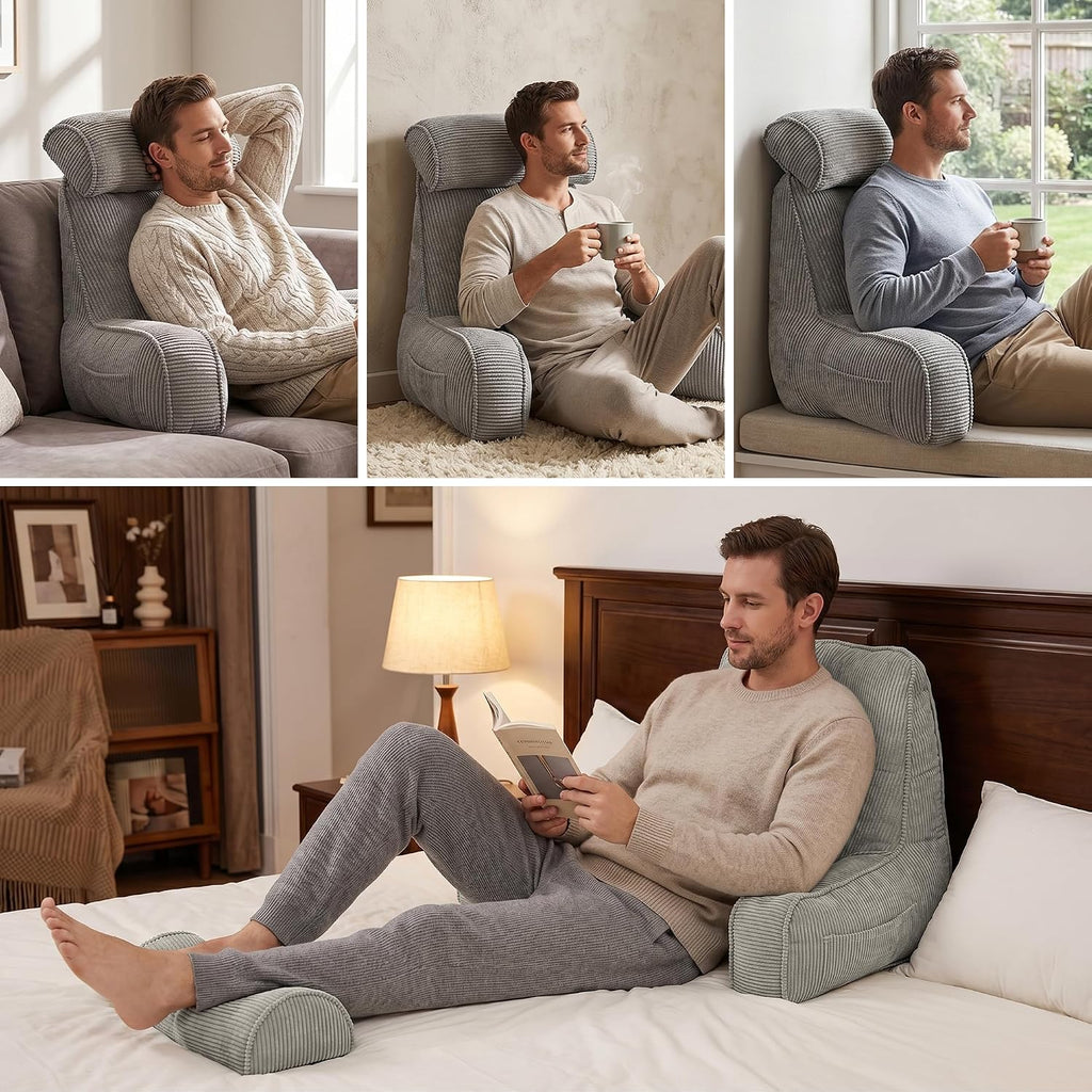 Ailuteie Corduroy Reading Pillow for Sitting Up in Bed, Backrest Pillow with Arms, Full Back Support Cushion with Side Pockets & Washable C…
