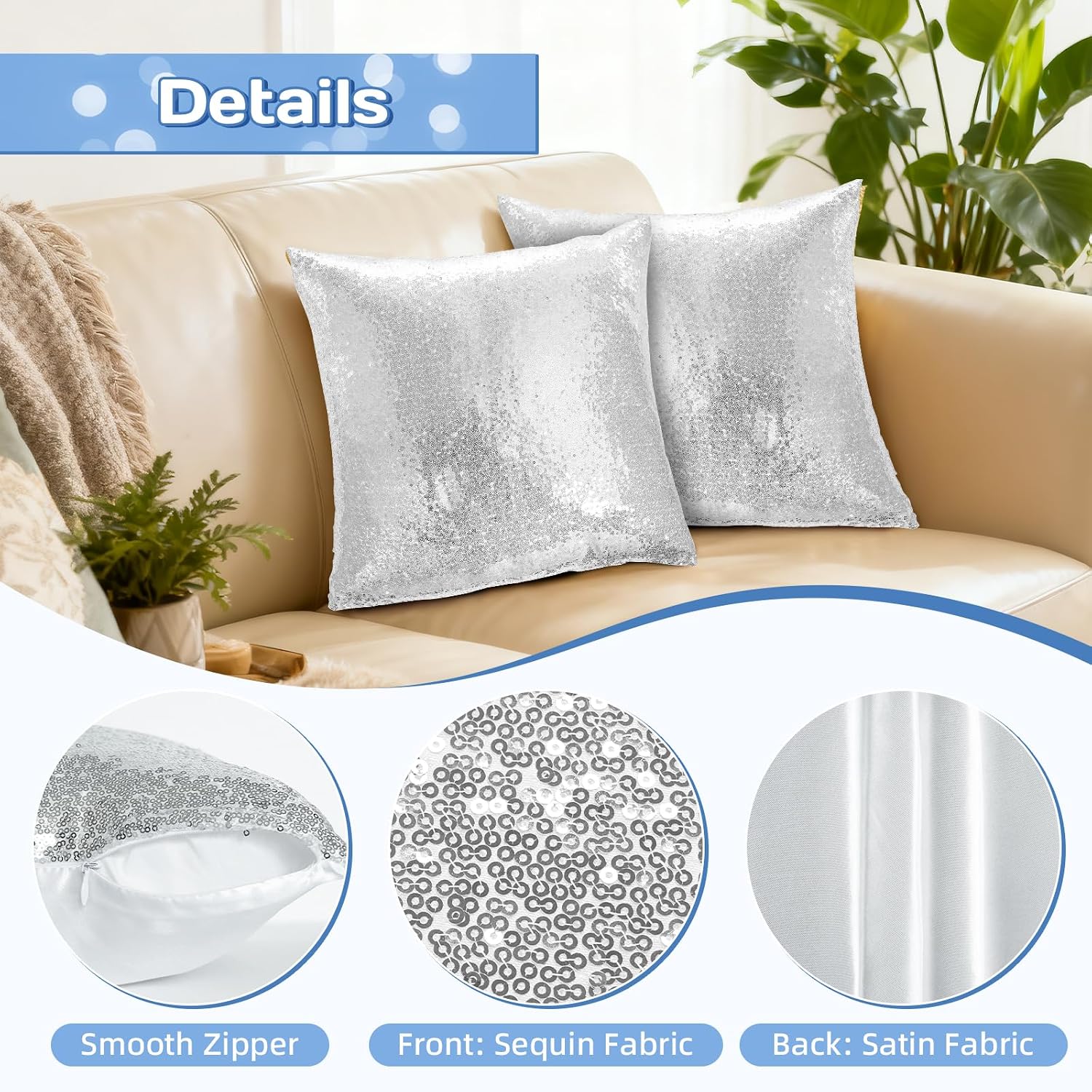 Eternal Beauty Set of 2 Sequin Decorative Pillow Covers Silver Pillow Cover s for Couch Bed Throw Pillows 18 X 18 Inches