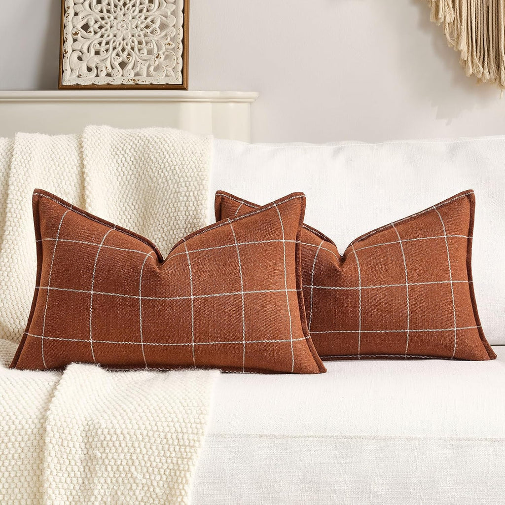 Terracotta Lumbar Plaid Throw Pillow Covers 12x20 Set of 2, Farmhouse Retro Decor 12 x 20 Rust Throw Pillows, Cottage Decor Boho Couch…