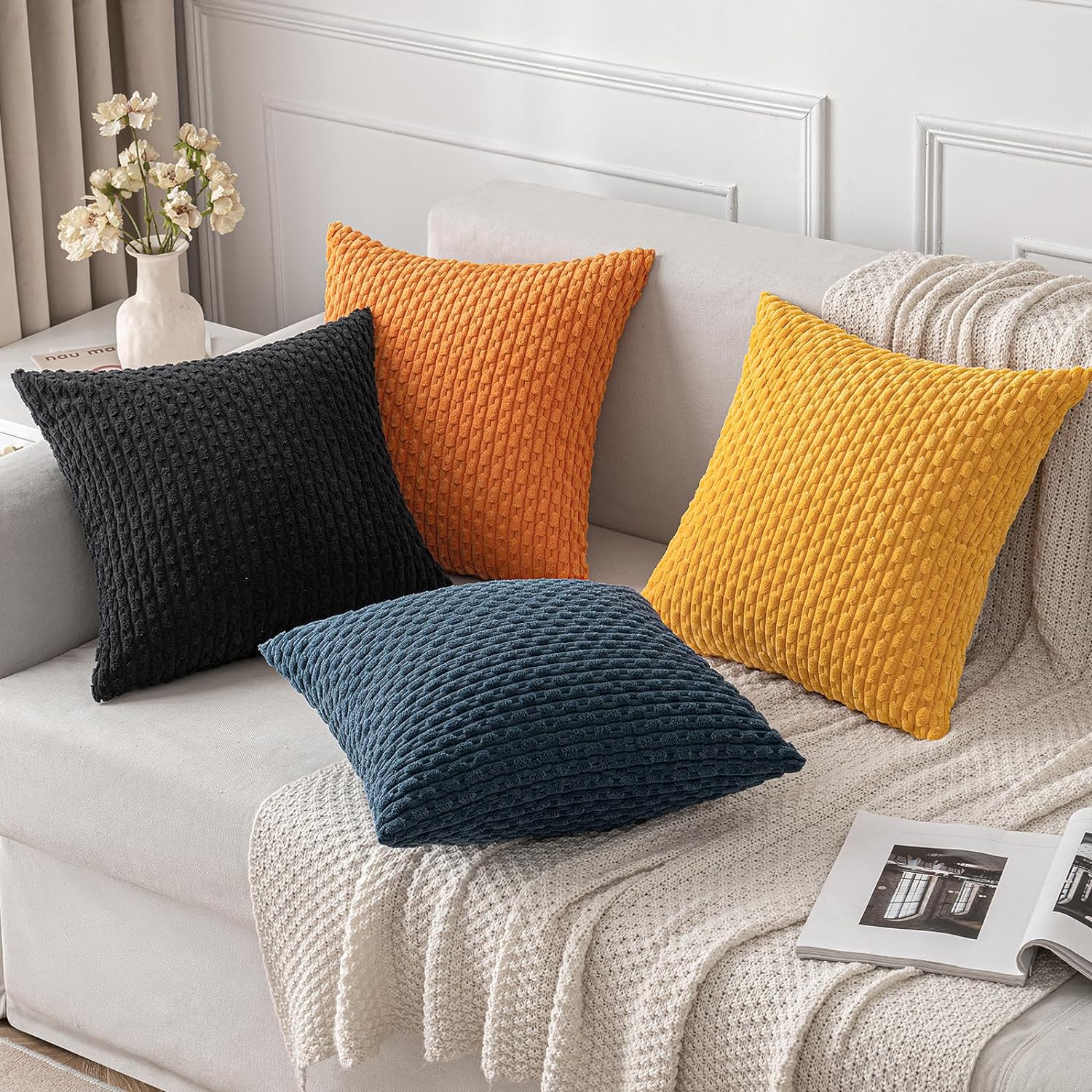 Miulee Orange Throw Pillow Covers Soft Corduroy Decorative Set of 2 Boho Striped Pillow Covers Pillowcases Farmhouse Home Decor for Hallowe…