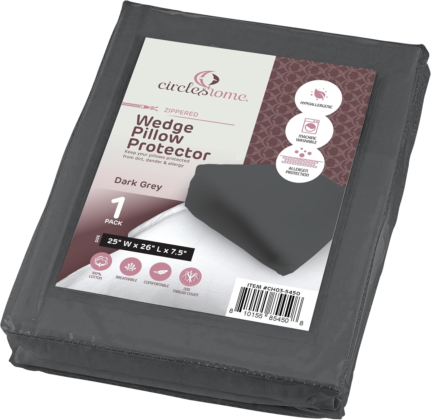 CirclesHome Wedge Pillow Cover 100% Cotton, Zippered Wedge Pillow Case Protector, Soft, Hypoallergenic & Breathable -Dark Grey, (25Wx26Lx7.…