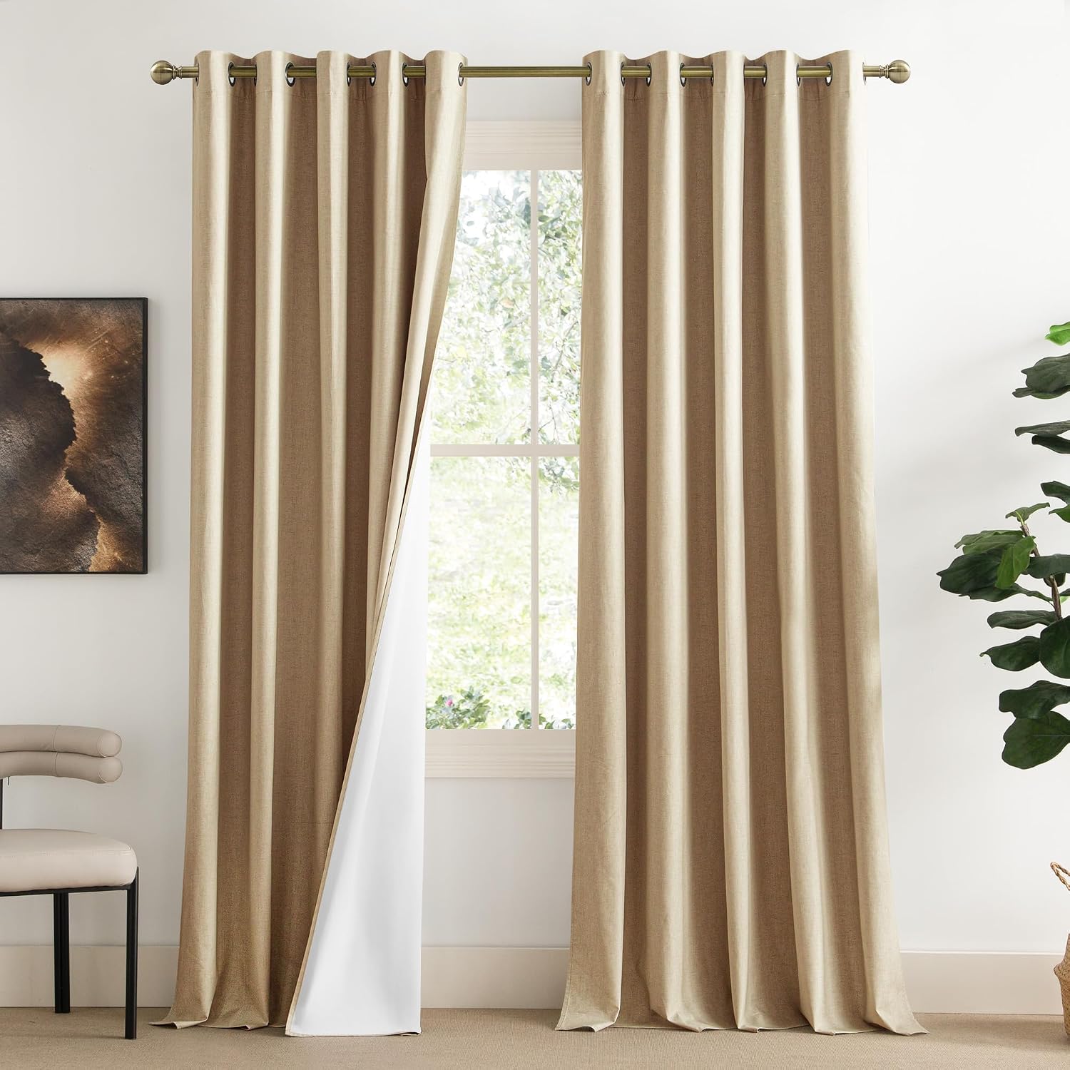 NICETOWN 100% Blackout Camel Linen Curtains 102 inches Length with Thermal Insulated Liners, 2 Panels, 62 inches W, Farmhouse Style Room…