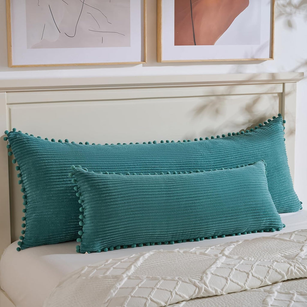 Fancy Homi 1 Pack Teal Long Lumbar Body Decorative Throw Pillow Covers 14x36 Inch with Pom-poms for Couch Sofa Bed, Farmhouse Boho Rustic…