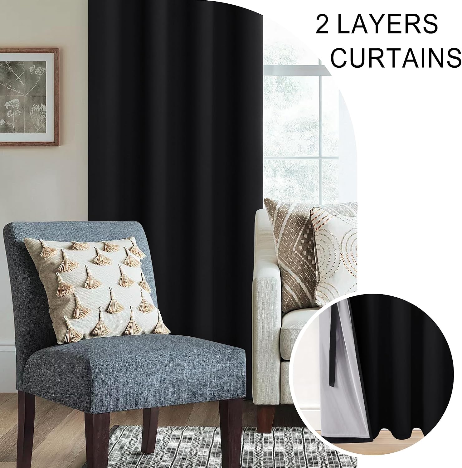 Xwzo Black Blackout Curtains 2 Panels with Tiebacks- Heat and Full Light Blocking Window Panels with Grommets for Bedroom/Basement, 54 Inch…
