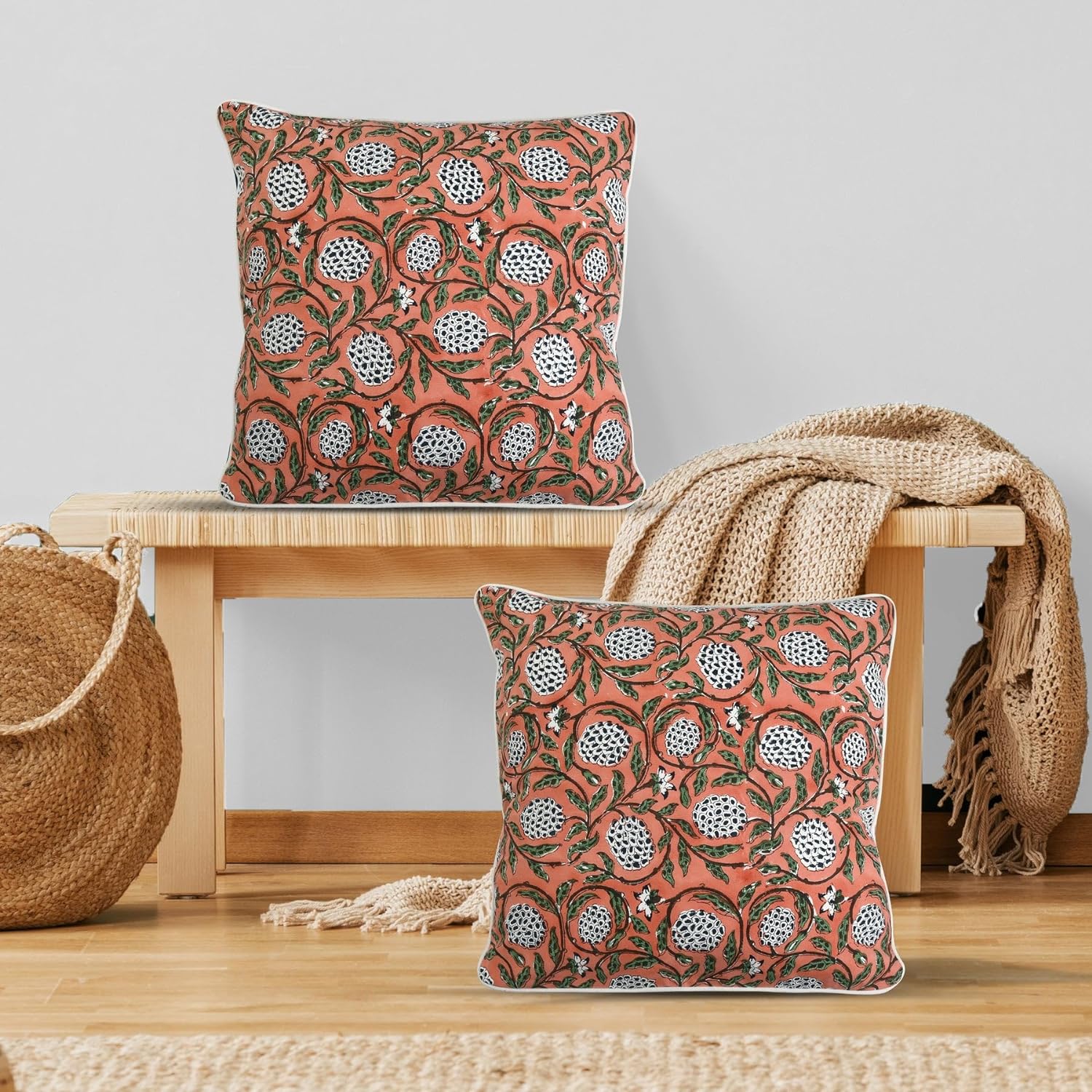 Ridhi Block Print Dark Salmon Pink Pillow Cover 18" x 18" (Pack of 2) Decorative Couch Pillows for Living Room, Chic Boho Cute Outdoor Pill…