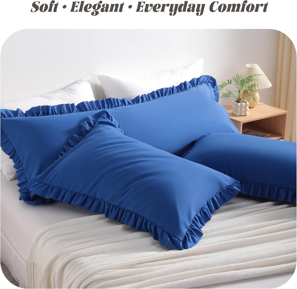 Bedsum Ruffled Pillow Shams King 20x36 Set of 2, Brushed Microfiber Pillowcases with Envelope Closure, Soft Wrinkle-Resistant, Royal Blue B…