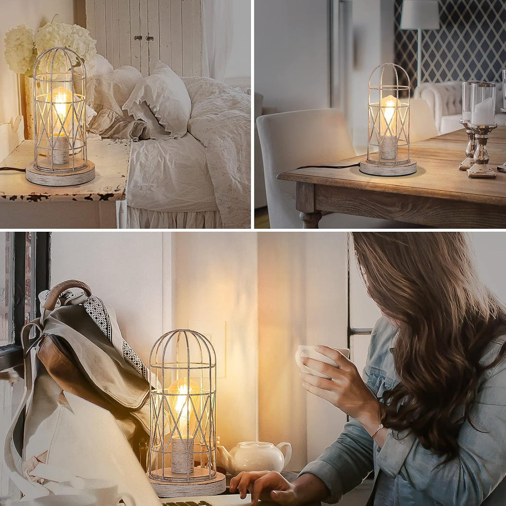Small Table Lamp, Touch Control Table Lamp with Brushed White Oak Cage, Farmhouse Bedside Lamp 3-way Dimmable Nightstand Lamp Edison Lamp…