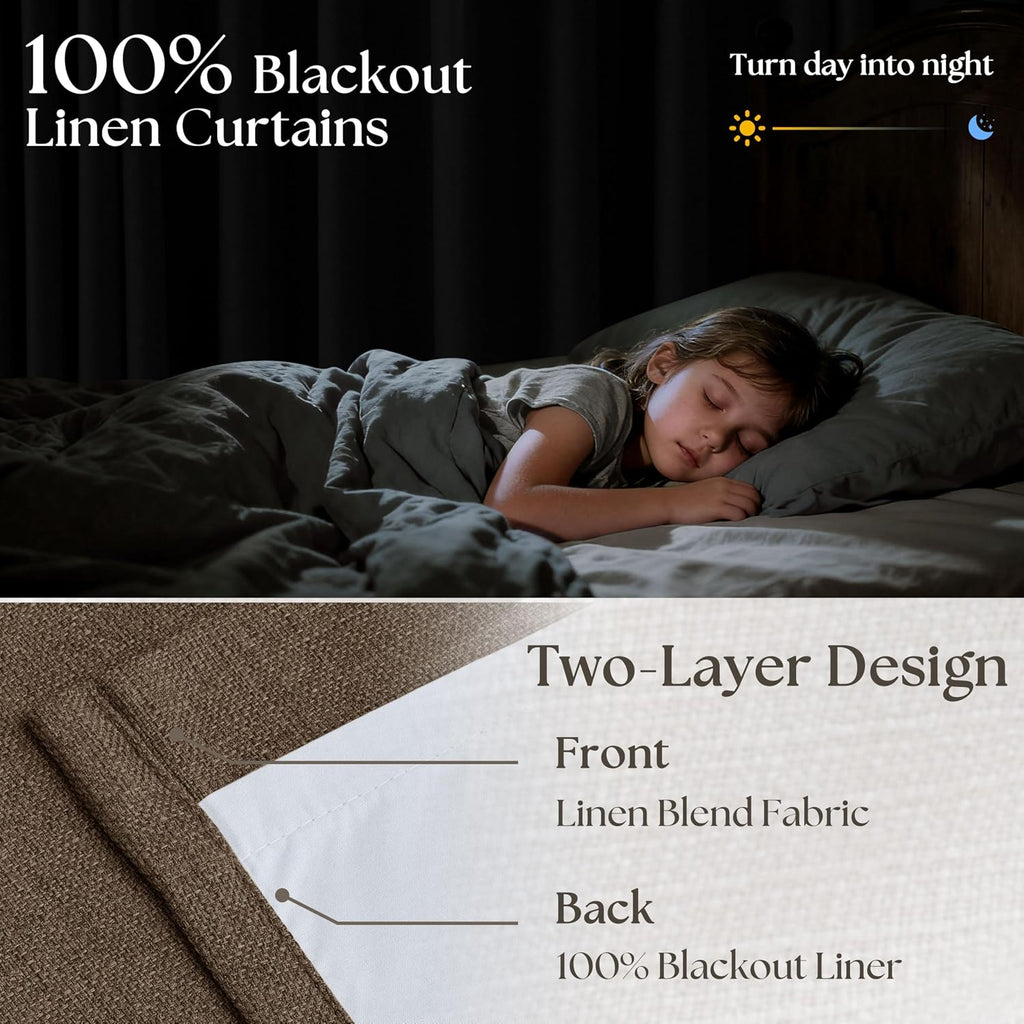 Pleated Blackout Brown Curtains 96 Inches Long 2 Panels Set for Bedroom Living Room Darkening Linen Blend Back Tab Pinch Pleat Memory…