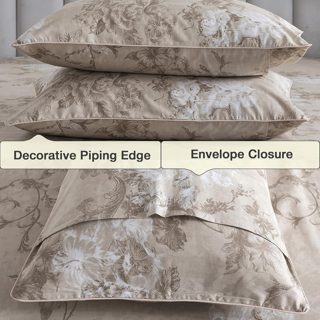 Puralens Dark Beige Moody Floral Duvet Cover, Queen 100% Cotton Percale Neutral Flower Patterned Comforter Cover Set, French Country Soft C…