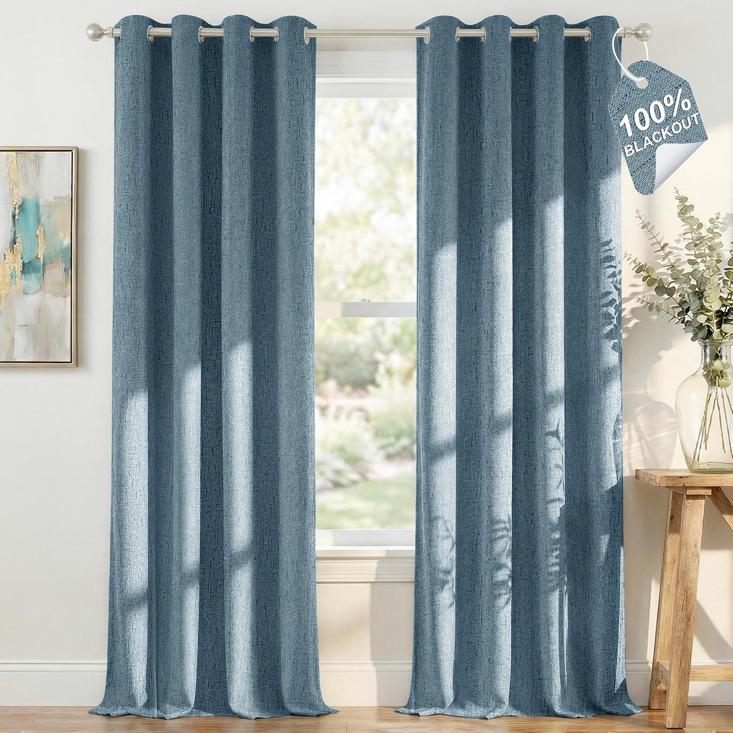 Nicetown Linen 100% Blackout Stone Blue Curtains for Bedroom White Liner Composite, Grommet Thermal Drapes Home Decor Window Treatments for…
