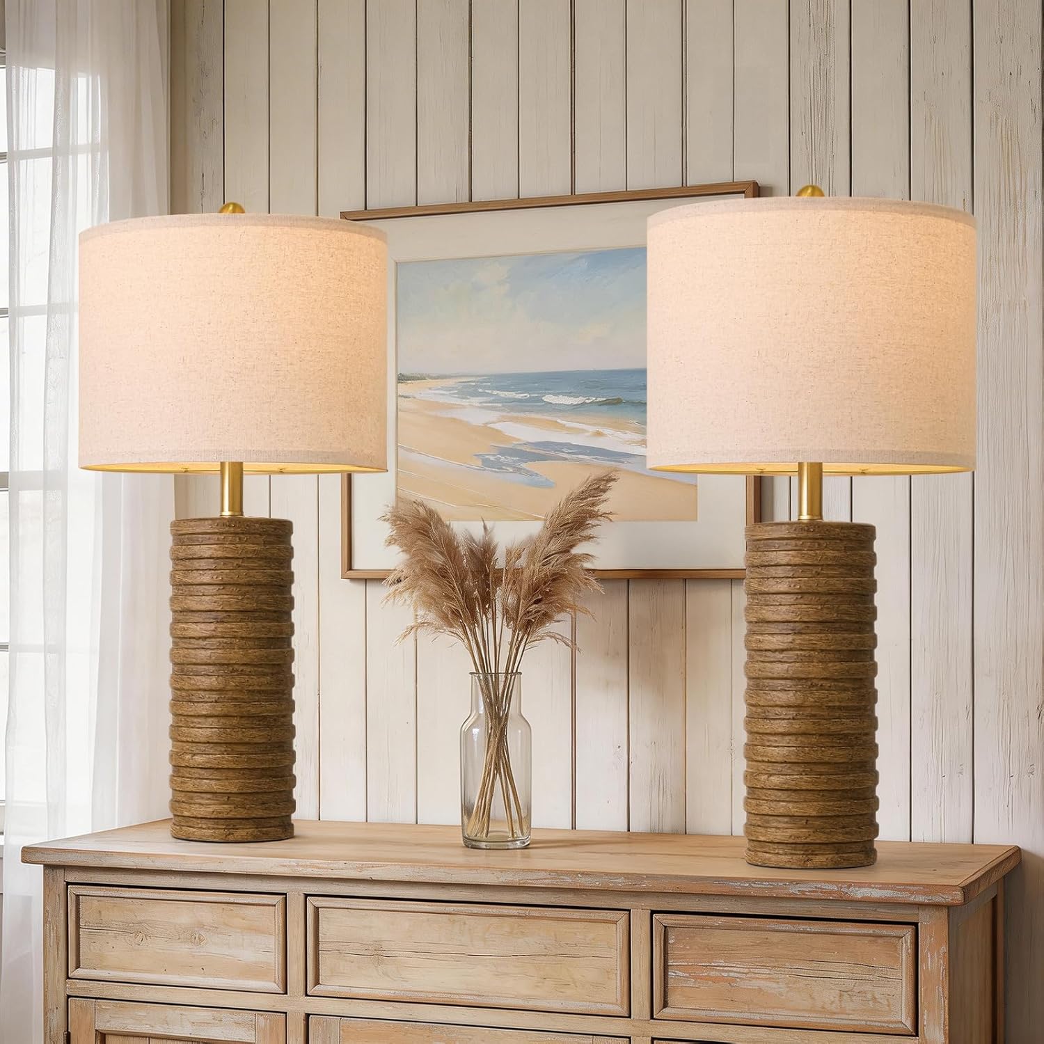PoKat Farmhouse Table Lamps Set of 2 for Living Room, 27'' Tall Retro Ceramic Bedside Lamps with Linen Lampshade for Bedroom, Vintage…