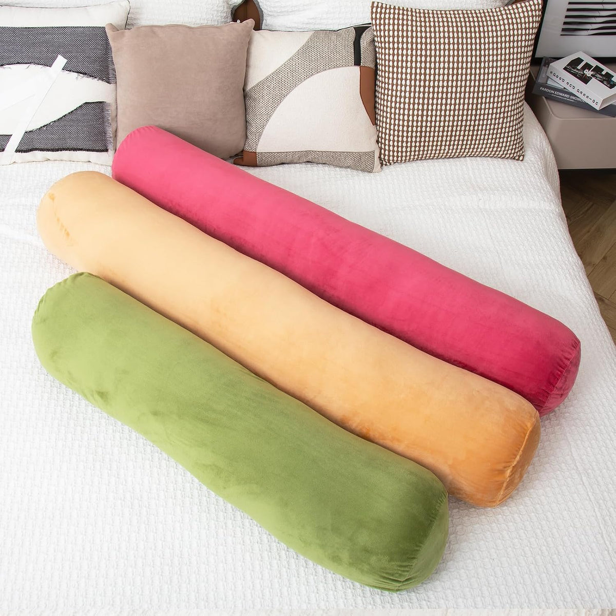 1 MIDDLE ONE Bolster Pillow for Bed, Long Round Body Pillow for Adults with Removable Velvet Cover, Decorative Tube Roll Cylinder Pillow…