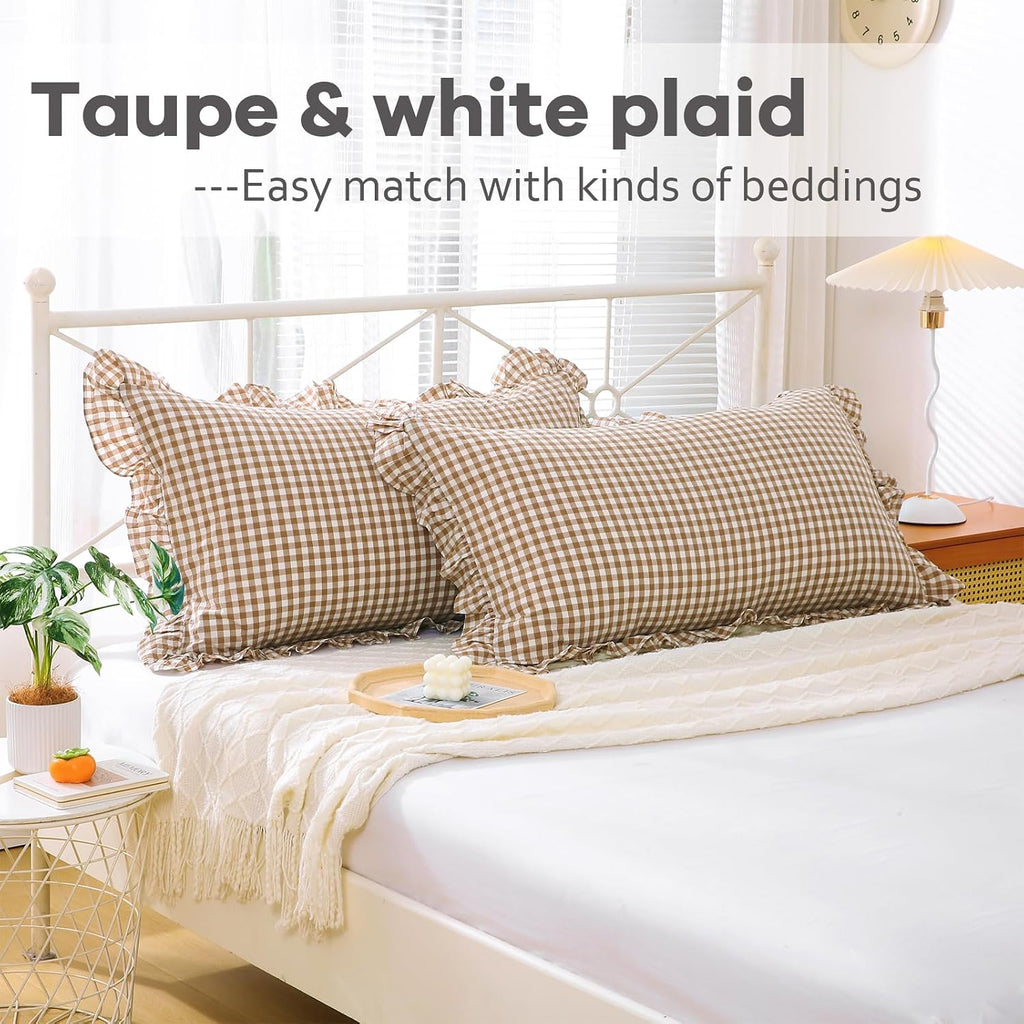 2 Pack Taupe White Plaid Ruffle Gingham King Size Pillow Shams, 100% Yarn-Dyed Washed Cotton Farmhouse Pillow Covers for Bed/Sofa…