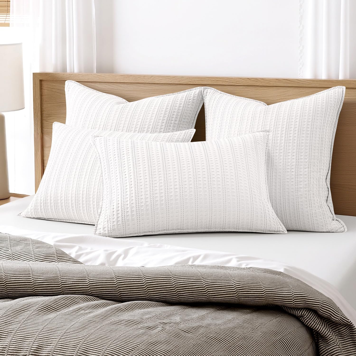 Set of 2 Decorative 100% Cotton Waffle Euro Sham Pillow Covers 26x26, Neutral Throw Pillows Weave European Cushion Cases for Couch Sofa…