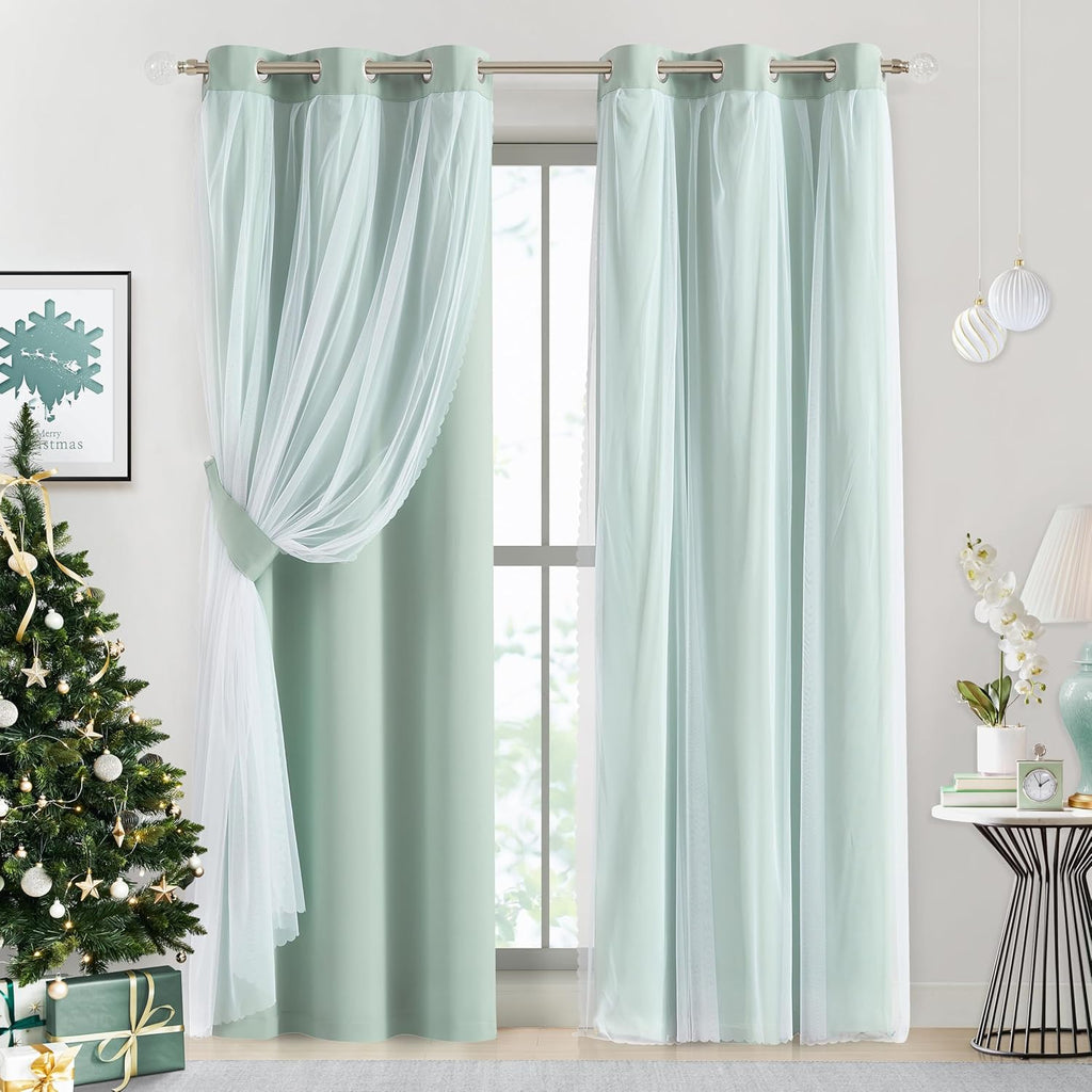 Bujasso Aqua 80% Blackout Curtains with Sheer Overlay Mix and Match Double Layer Thermal Insulated Window Panels 84 inch for Living Room Be…