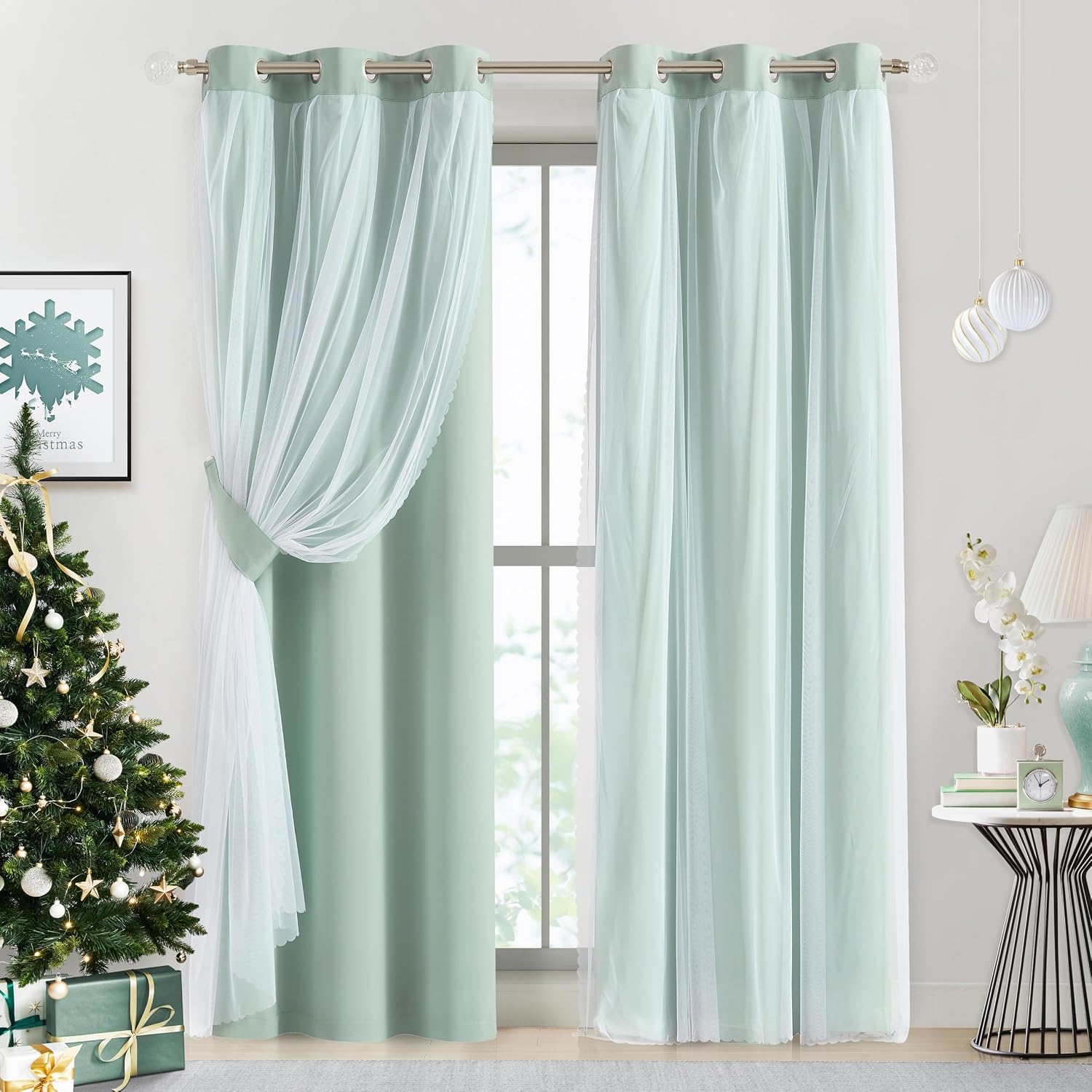 Bujasso Aqua 80% Blackout Curtains with Sheer Overlay Mix and Match Double Layer Thermal Insulated Window Panels 95 inch for Living Room Be…