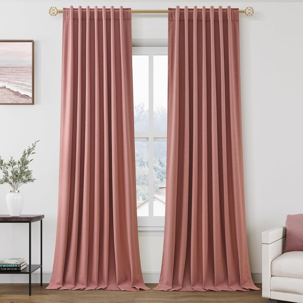 Nanspring Canyon Rose 100% Blackout Linen Curtains for Bedroom 90 Inches Long Back Tab Thermal Insulated Modern Boho Decor Black Out Girl C…