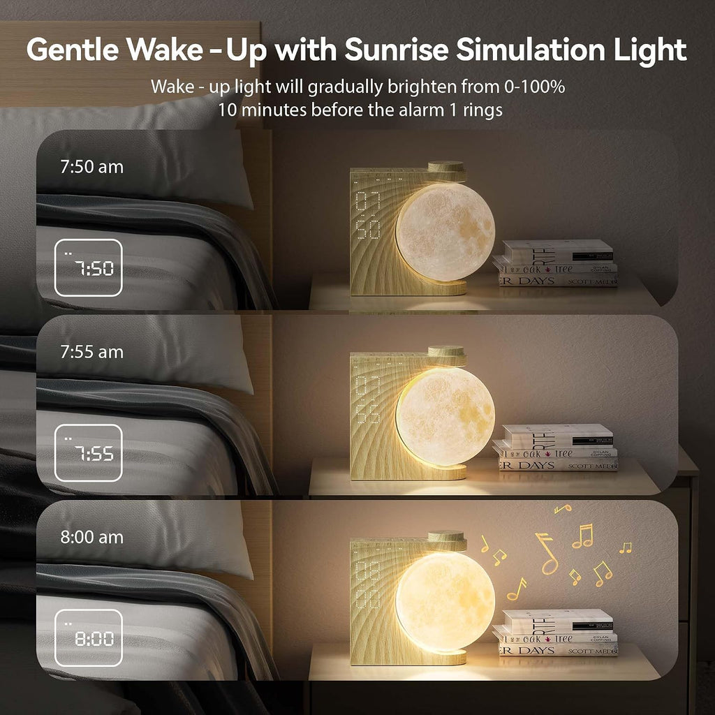 Rotating Moonlight Alarm Clock for Heavy Sleepers - Sunrise Simulation Wake-Up Light, Snooze, 10 Light Effects, 30/60/90 Timer, 10 Nature…