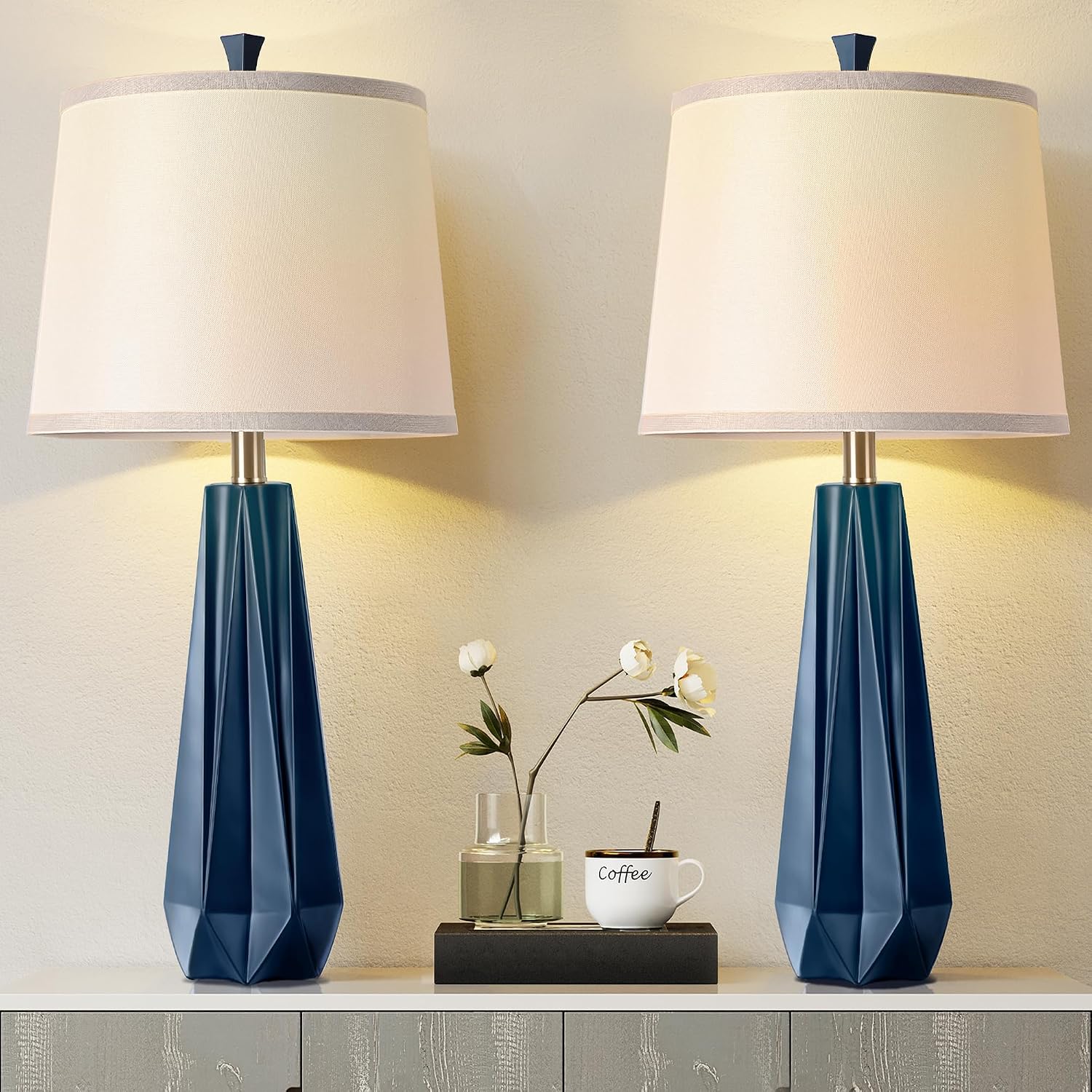WIHTU 3 Color Temperature Table Lamps Set of 2, 27'' Navy Blue Modern Table Lamp for Living Room, Beside Lamp with Linen Shade, Resin…