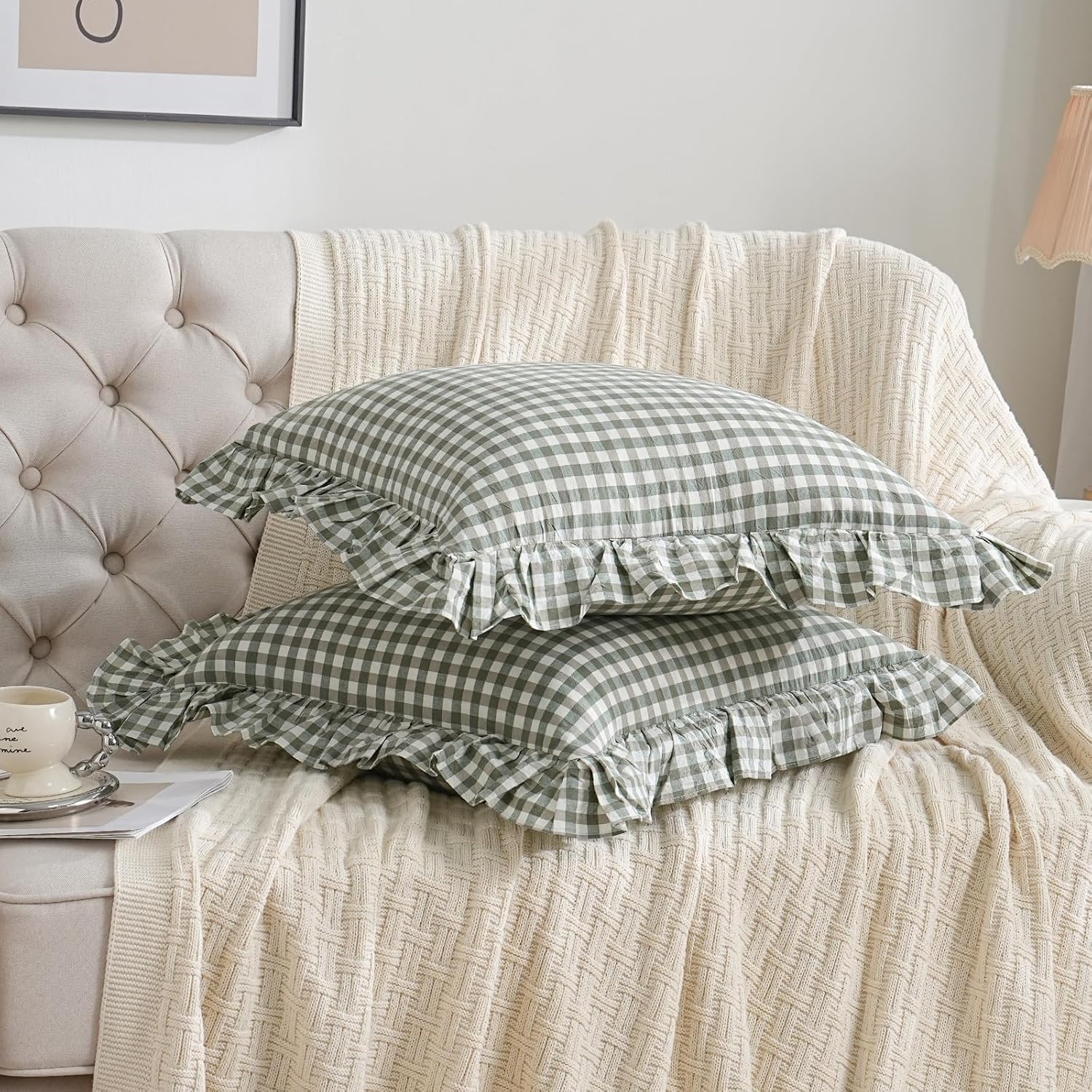 Qilunn 2 Pack Sage Green/White Plaid Ruffle Throw Pillow Covers Farmhouse Checkered Chic Washed Cotton Pillowcases Gingham Pillow Shams for…