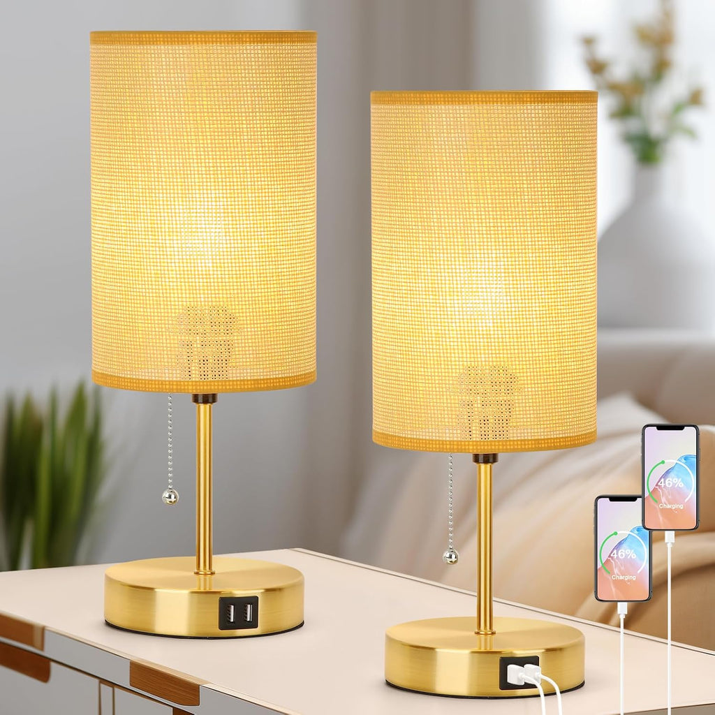 Set of 2 Table Lamp with 2 USB, Vintage Bedside Lamps for Bedrooms, Nightstand Lamps with Pull Chain, Bamboo Woven Desk Lamps with Rattan…