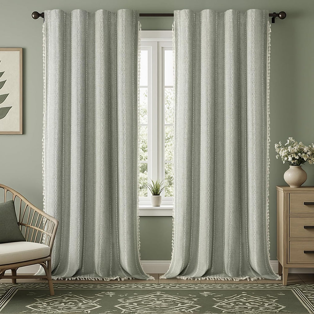 XOGUIBO Boho Blackout Curtains 96 Inches Long Sage Green Linen Blend 2 Panels with Tassels and Cotton Embroidery, Farmhouse Vintage…