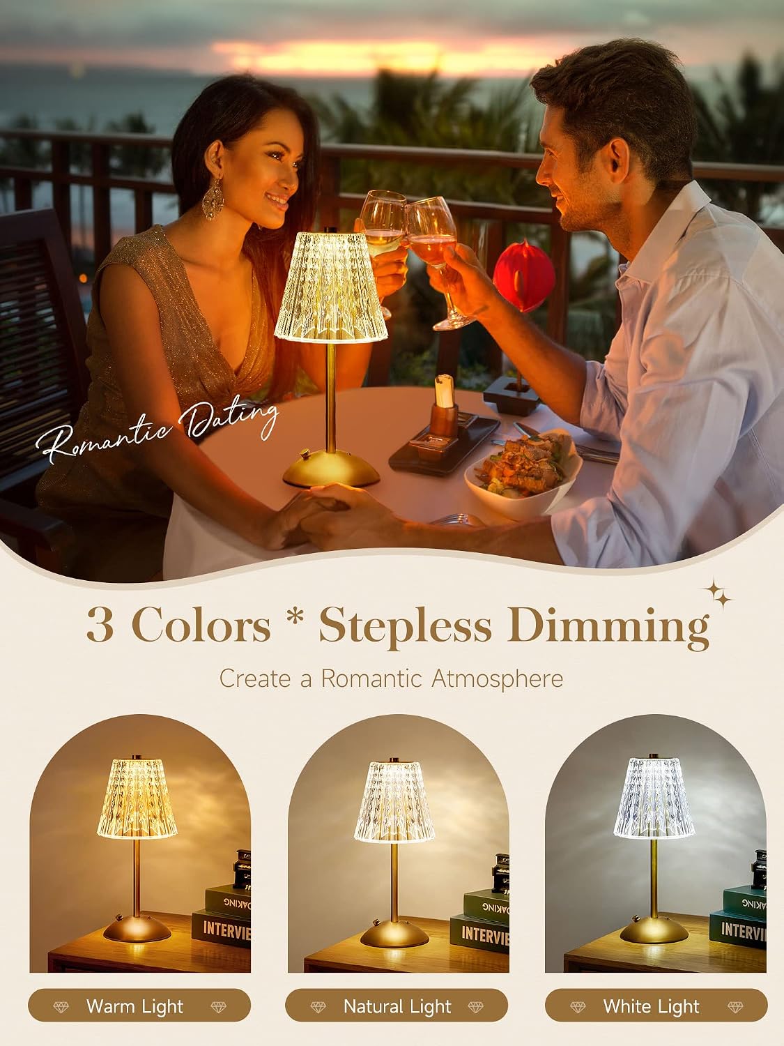 3200mAh】Brass Table Lamp, 3 Colors+Dimmable+Touch Crystal Lamp LED Gold Lamp, Mood Lighting Mood Light, Brass Decor for…