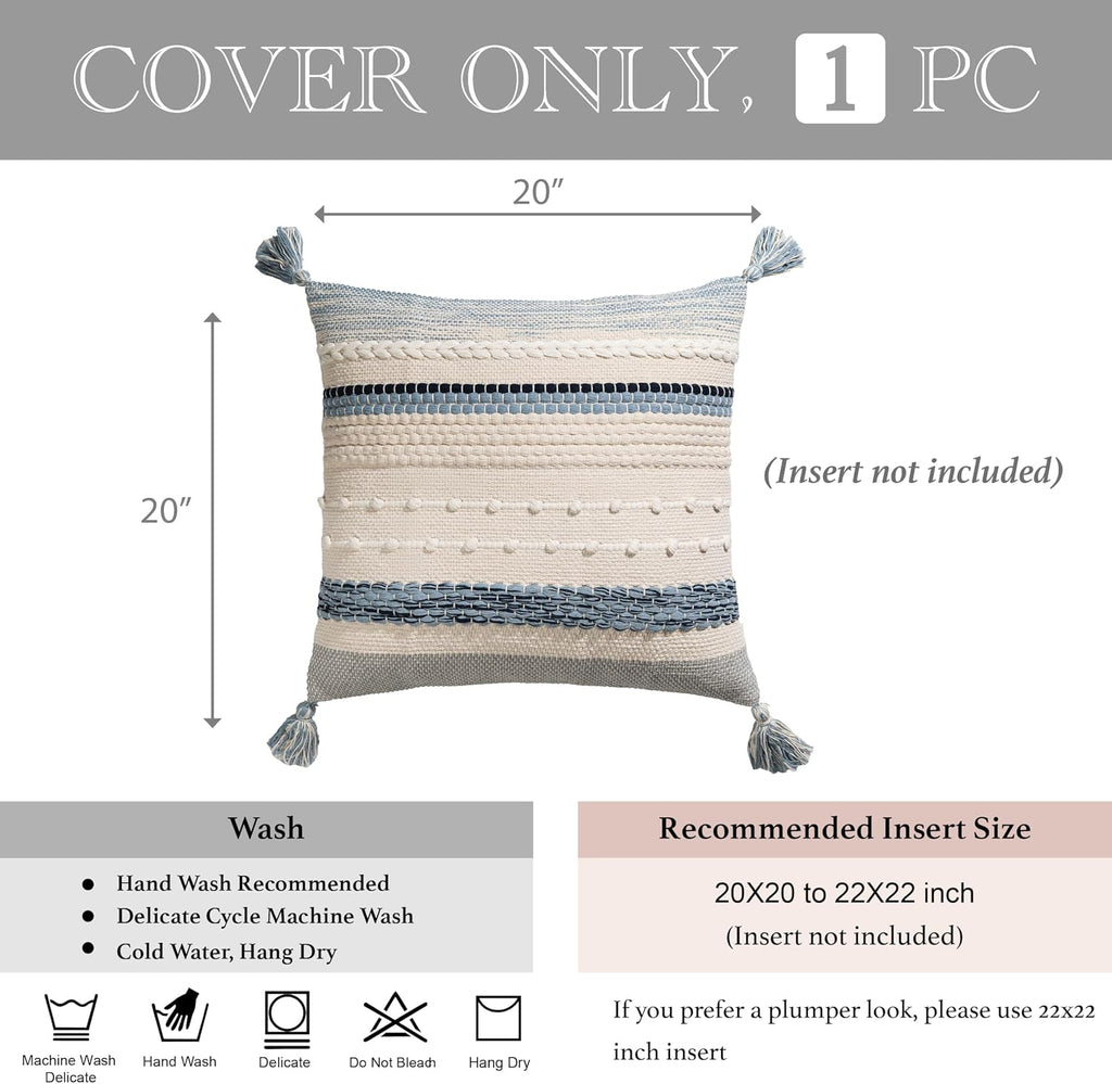 BlissBlush Coastal Blue Boho Decorative Throw Pillow Cover 20x20 Modern Bohemian Accent Pillow Case Square Woven Textured Farmhouse…