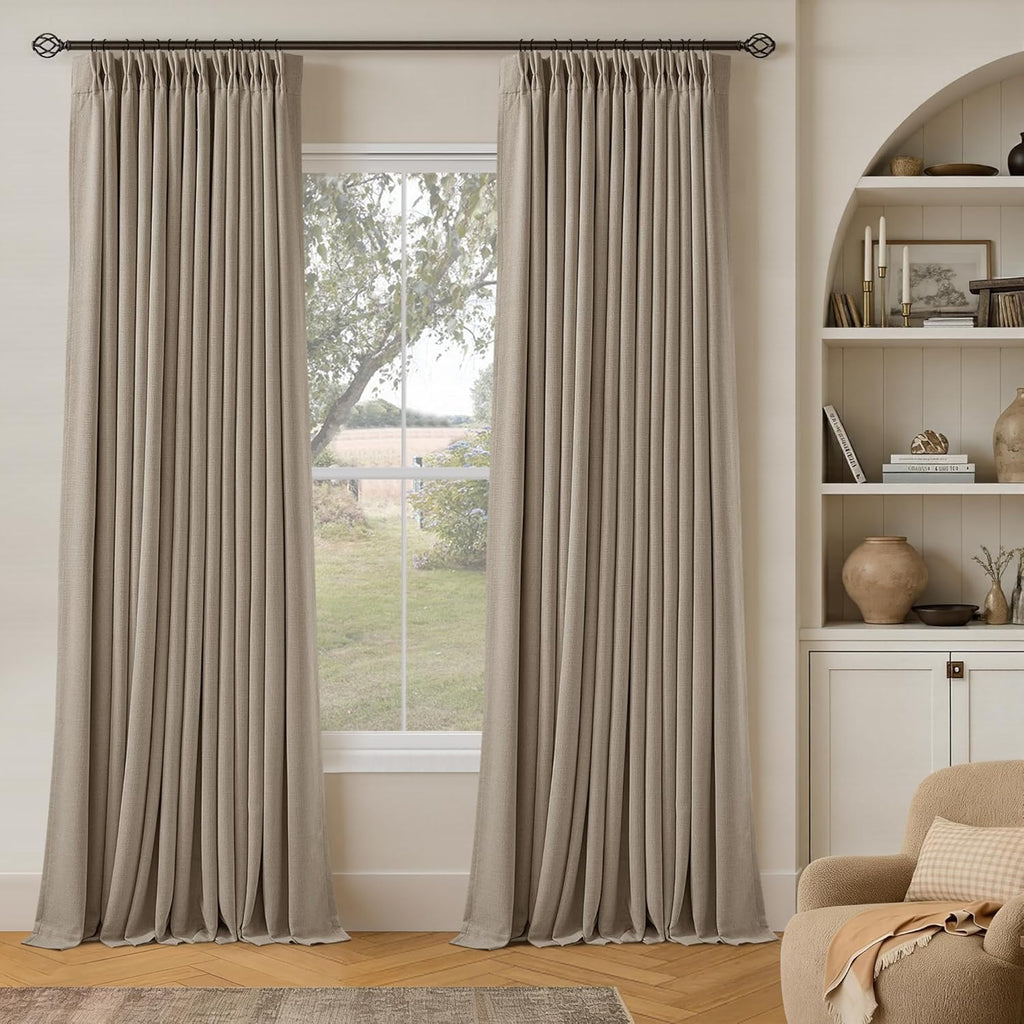Twodrapes Deep Flax Greige Pinch Pleated 100% Blackout Linen Curtains 90 Inch Length 2 Panels Set Pinch Pleat Curtains Black Out Light Bloc…