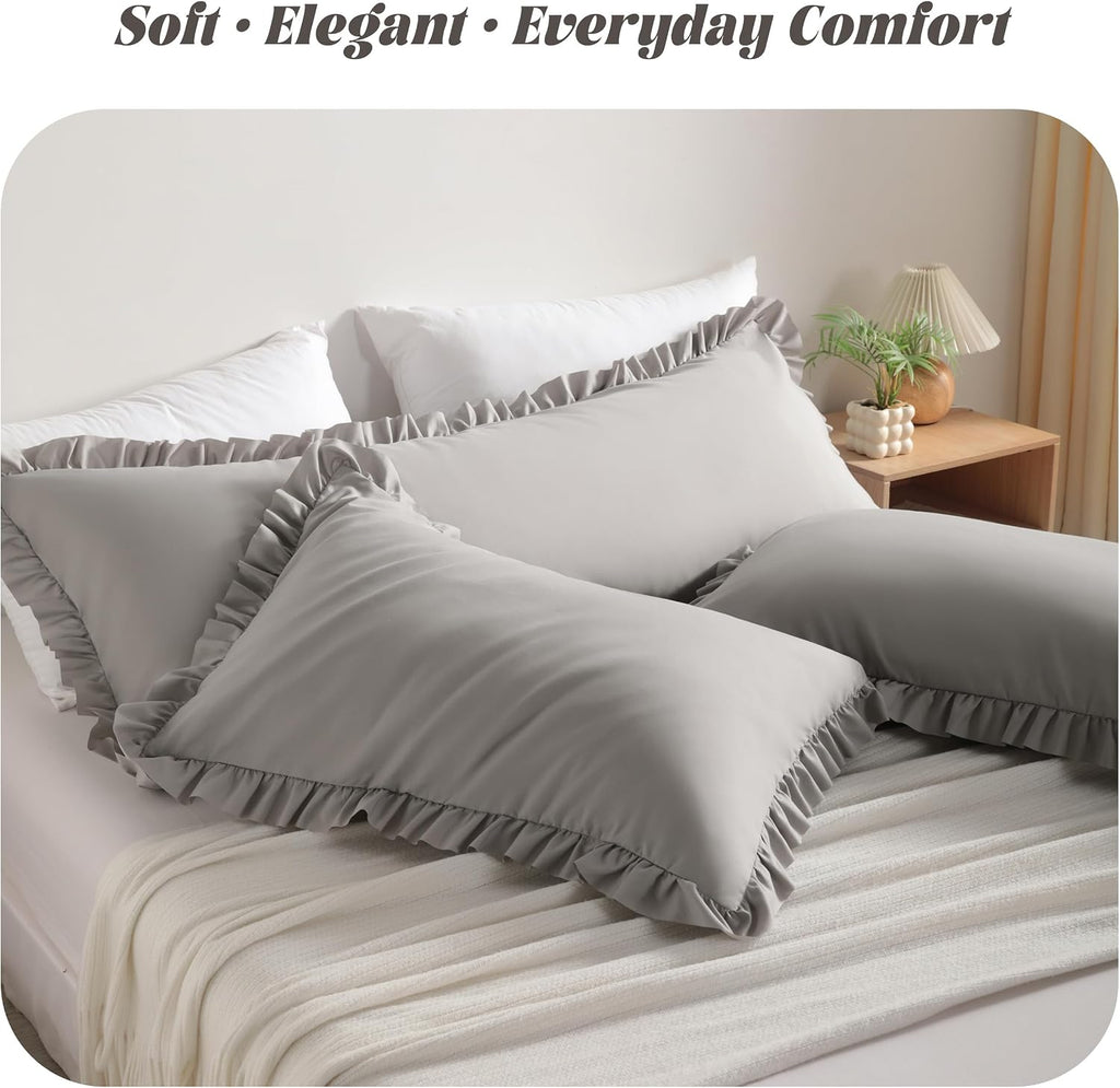 Bedsum Ruffled Pillow Shams Standard 20x26 Set of 2 Brushed Microfiber Pillowcases with Envelope Closure Soft Wrinkle-Resistant Light Grey…
